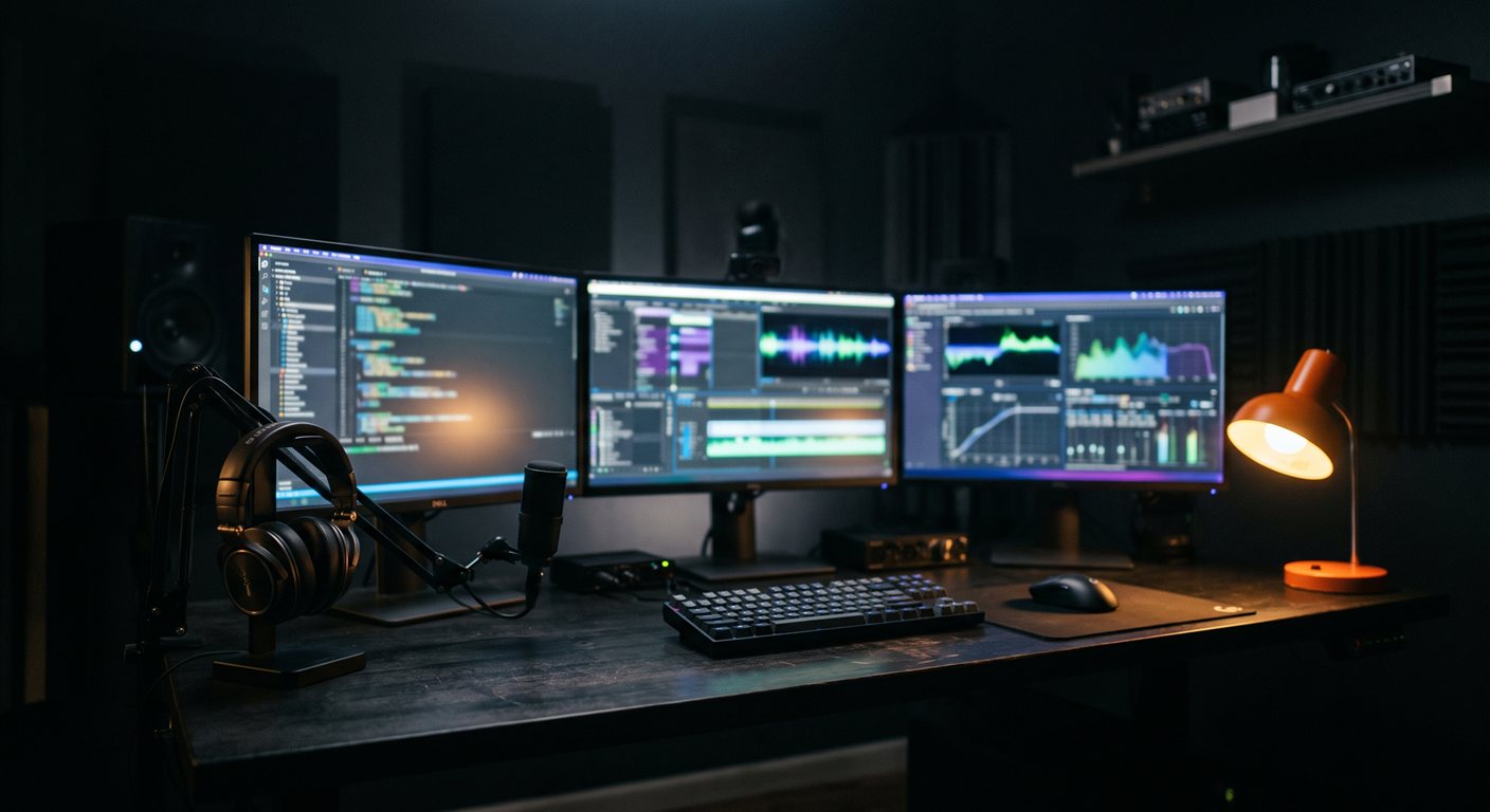 Studio desk with glowing screens