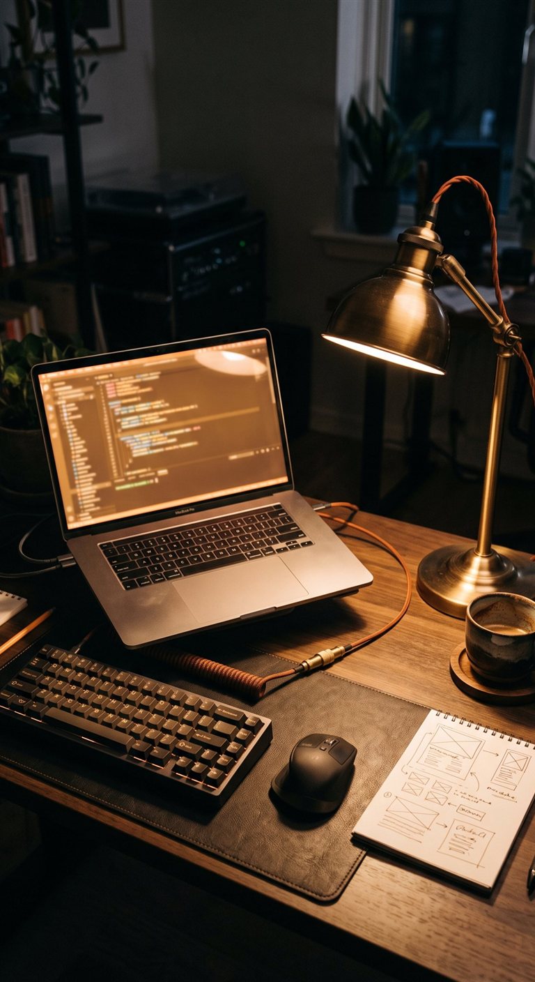 Laptop on a desk at night