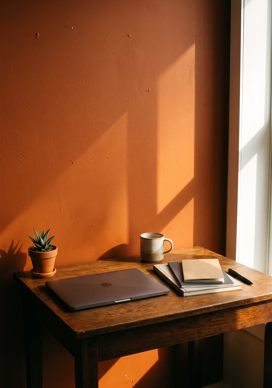 Workspace against an orange wall